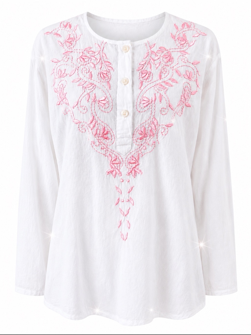 Venezia White Cotton Pink Embroidered Rhinestone Peasant Blouse L